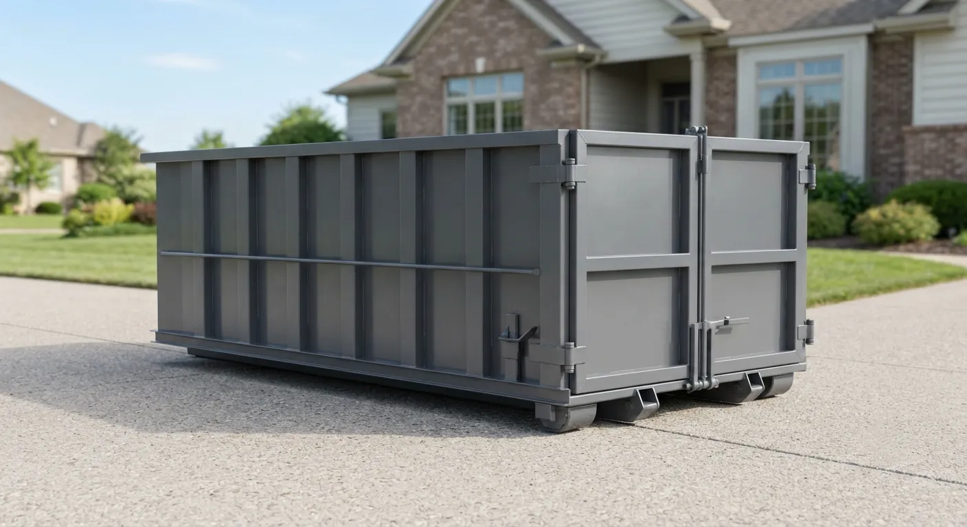 Roll-off dumpster set on boards across a residential driveway