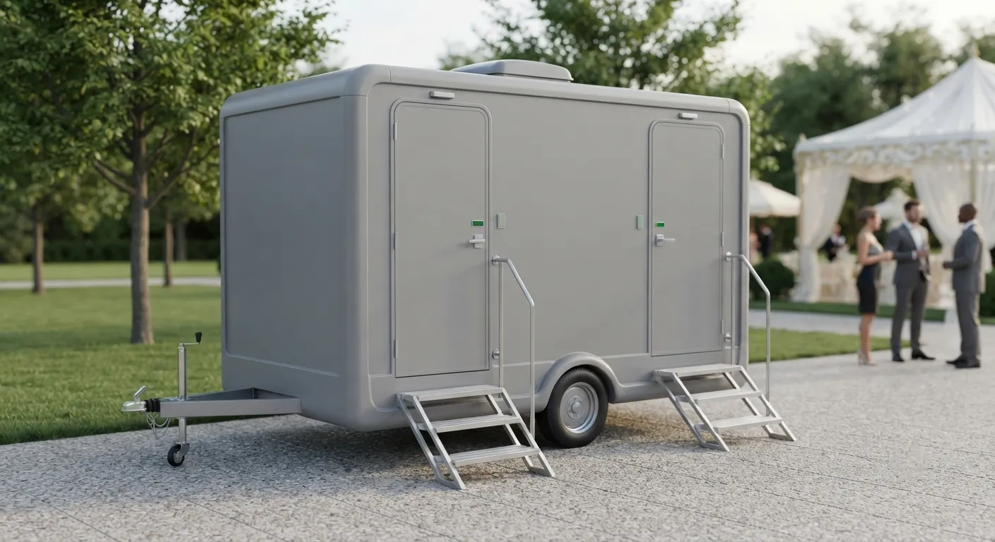 Towable restroom trailer levelled with its entry steps down