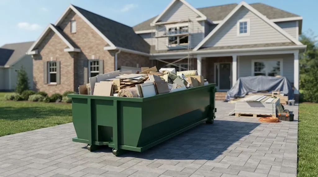 Roll-off dumpster set on boards across a residential driveway