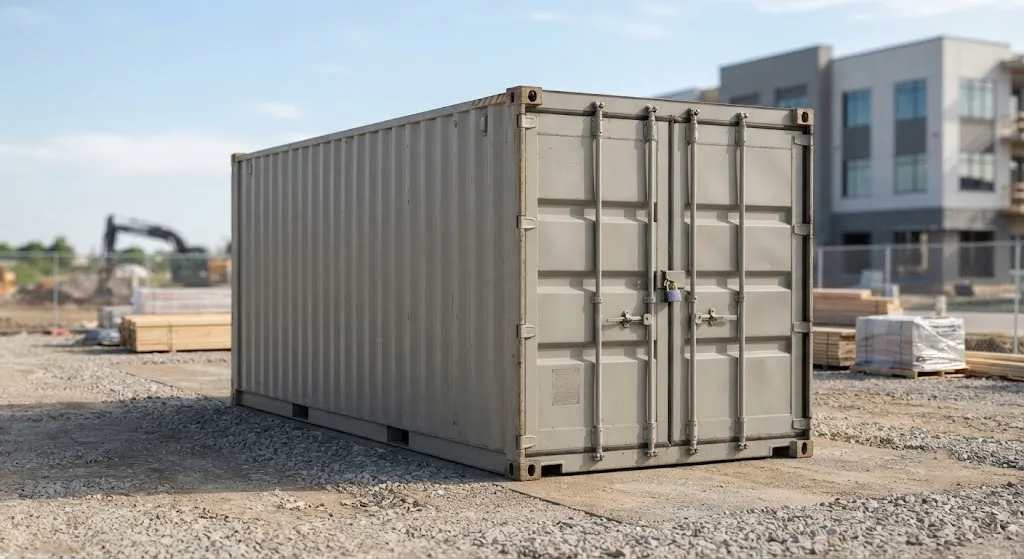 Steel site storage container with the doors closed and locked