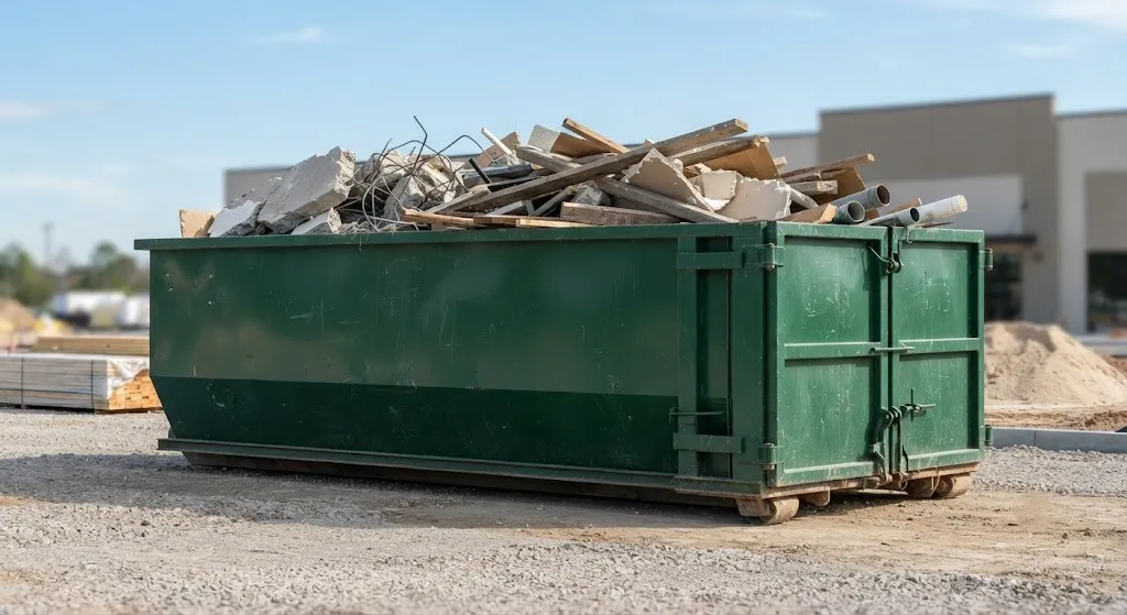 Roll-off dumpster set on boards across a residential driveway