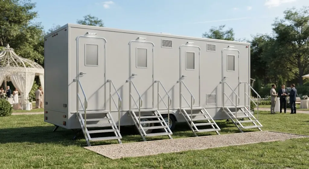 Towable restroom trailer levelled with its entry steps down