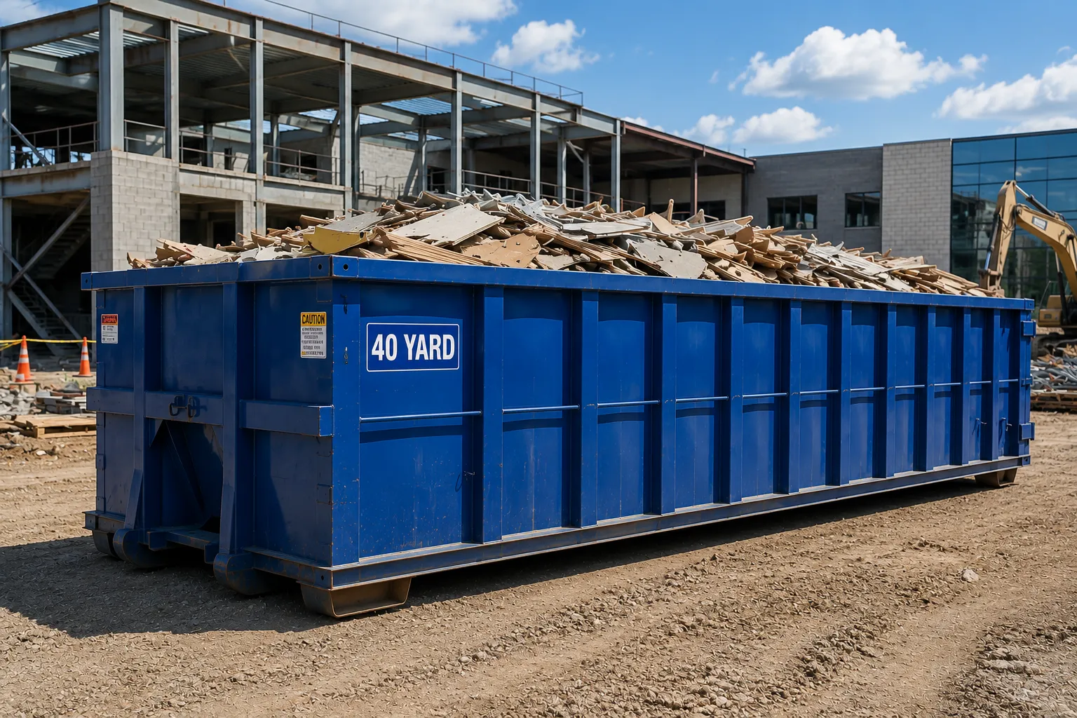 Roll-off dumpster set on boards across a residential driveway