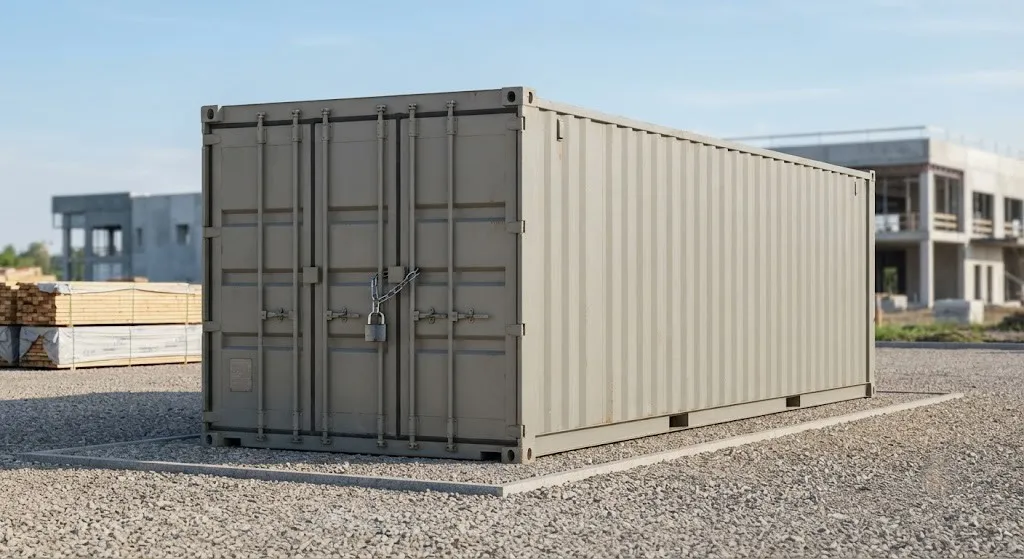 Steel site storage container with the doors closed and locked