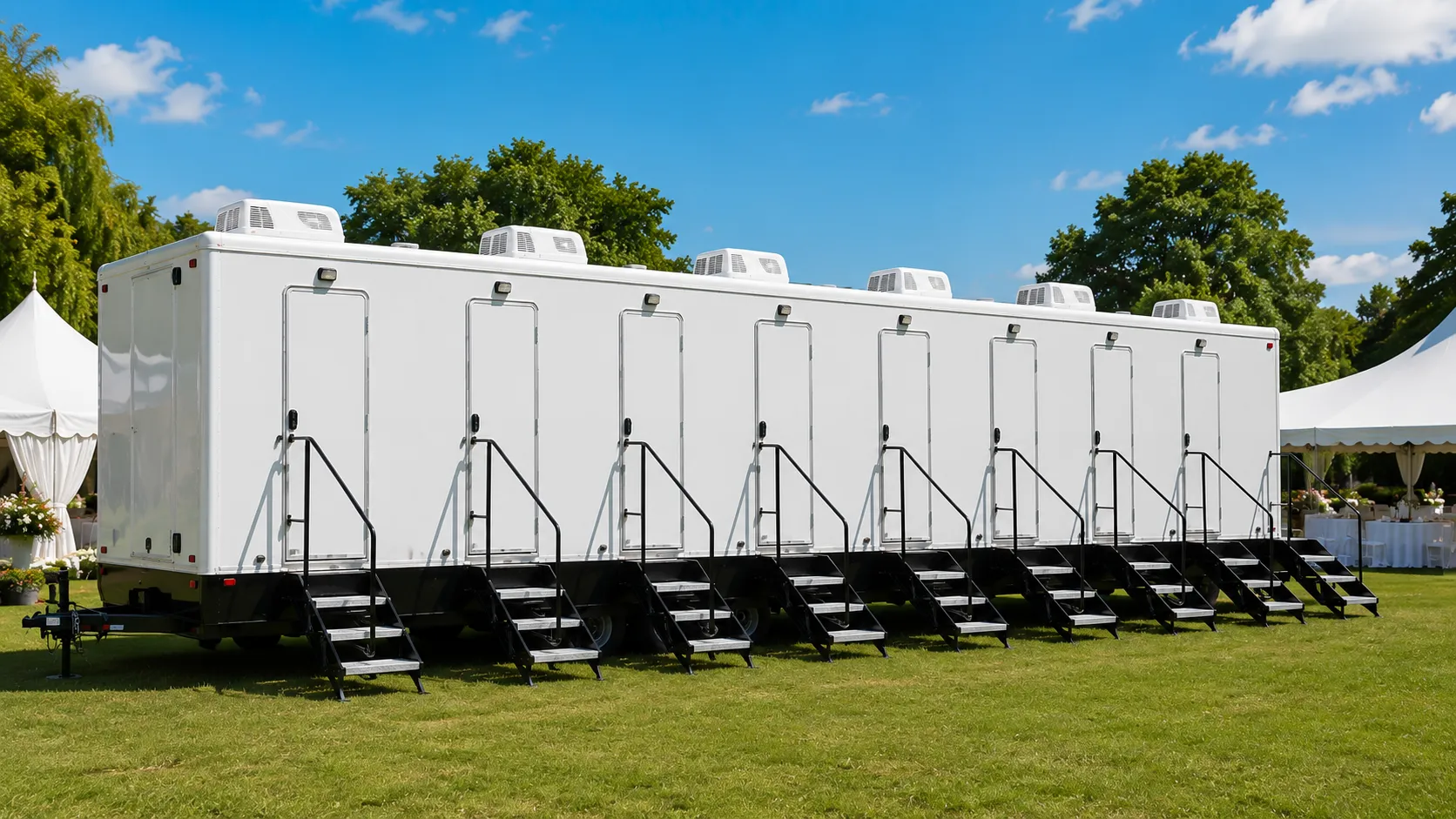 Towable restroom trailer levelled with its entry steps down