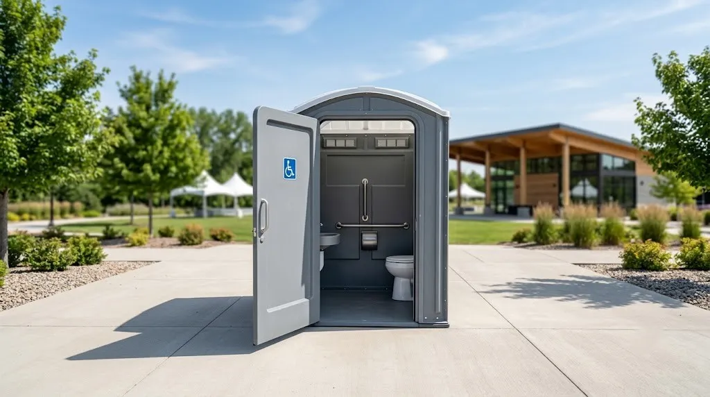 ADA accessible portable toilet with a wide door and flat threshold