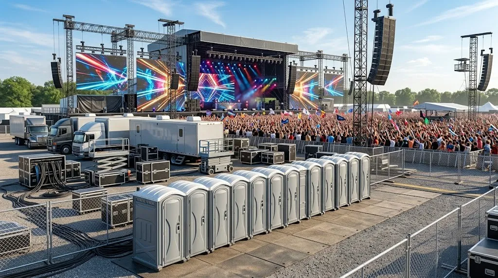 Row of portable toilets set out for an outdoor event