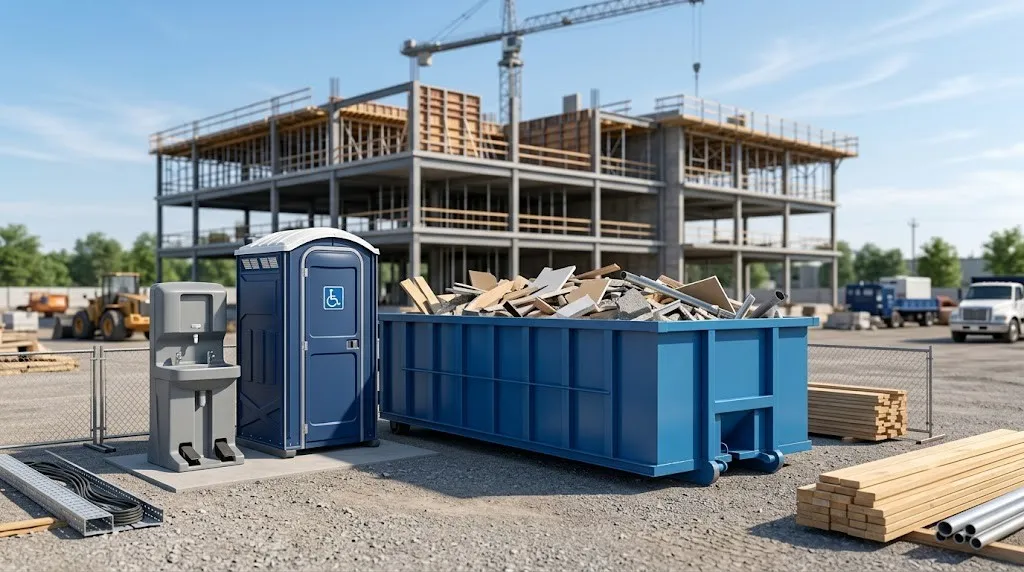 Roll-off dumpster on a construction site loaded with debris