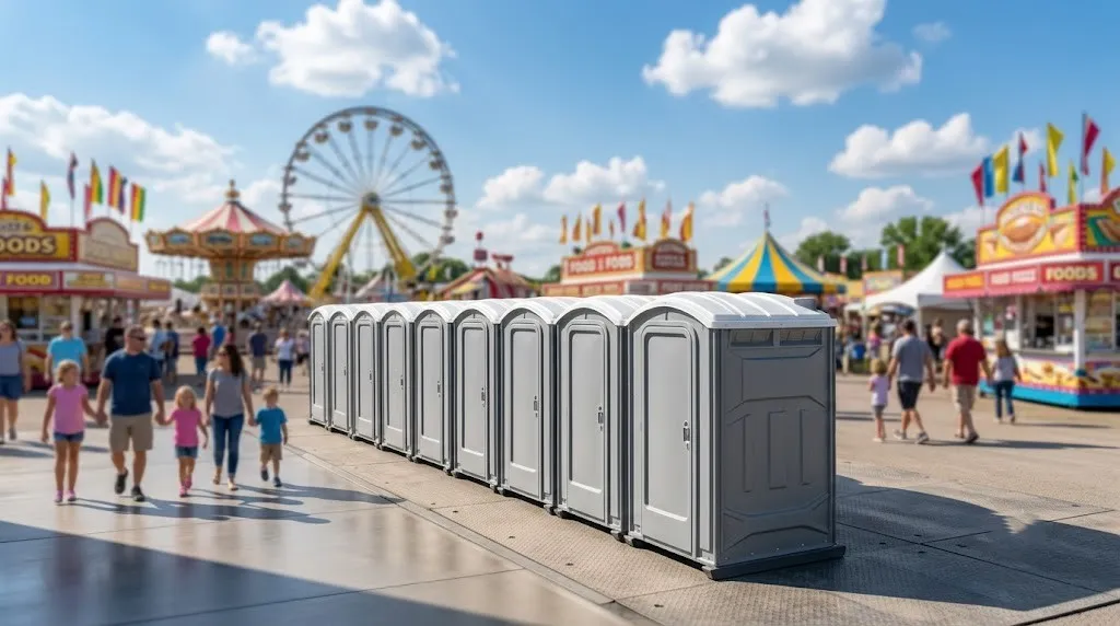 Row of portable toilets set out for an outdoor event
