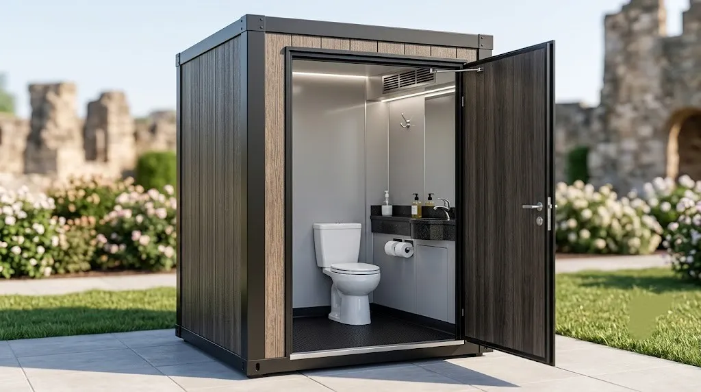 Deluxe flushing portable toilet with the door open showing the sink