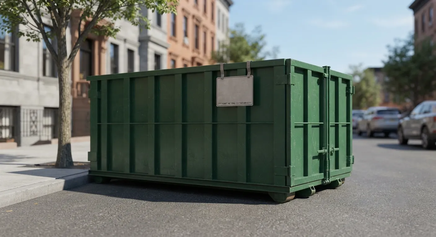Roll-off dumpster set on boards across a residential driveway