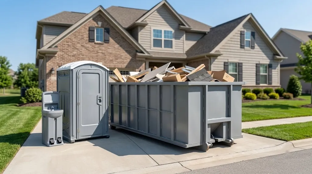 Roll-off dumpster set on boards across a residential driveway