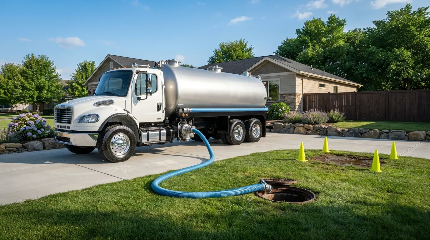 Vacuum tanker parked at a property with the hose run to a tank