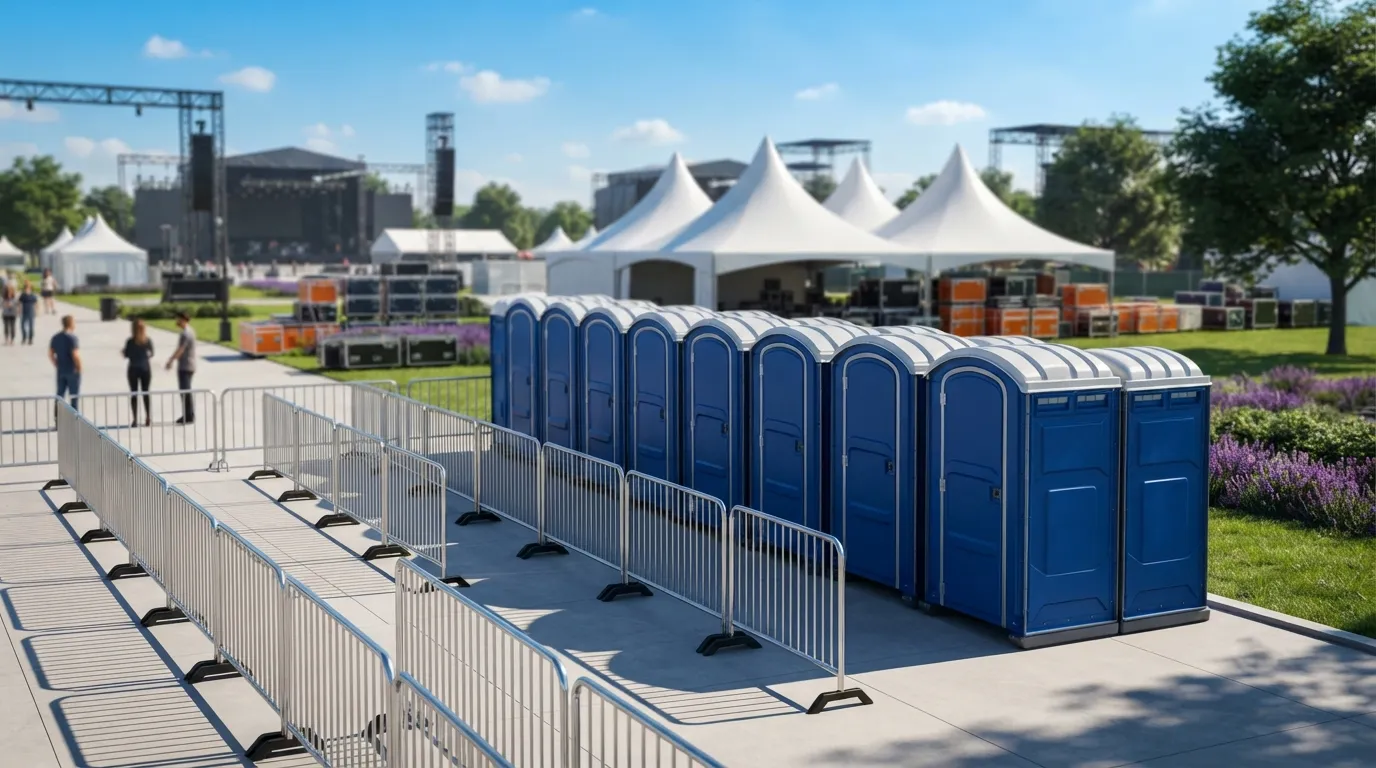 Row of portable toilets set out for an outdoor event