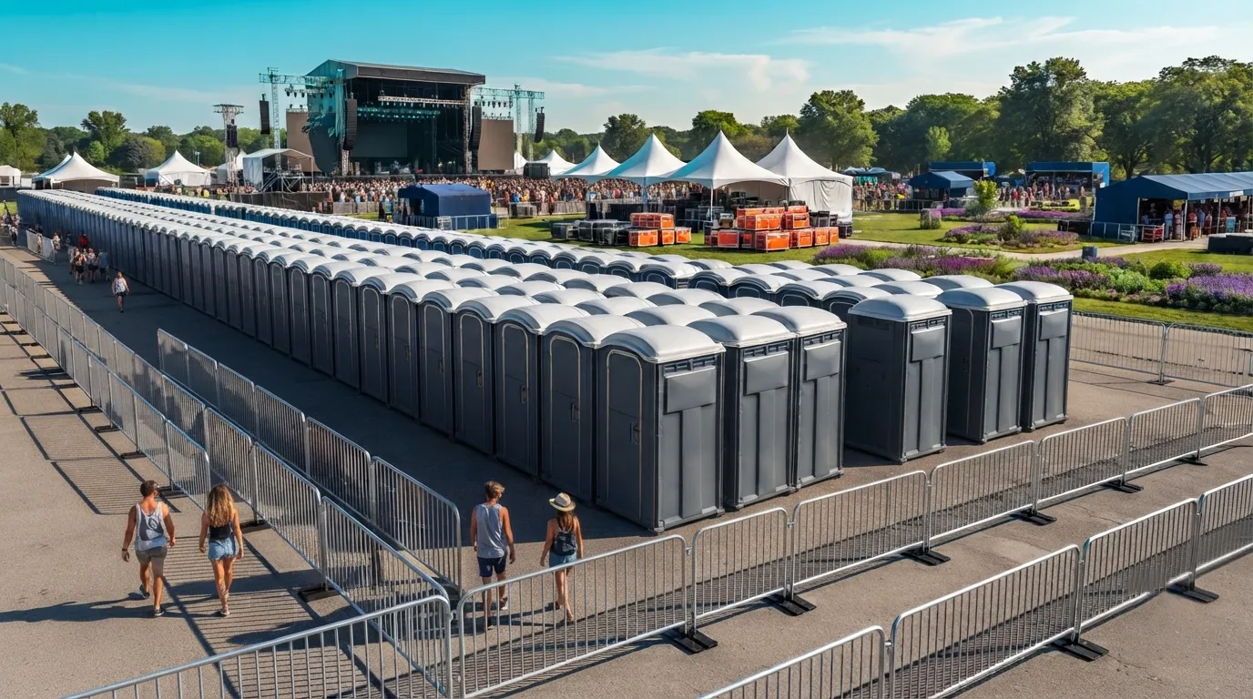 Row of portable toilets set out for an outdoor event