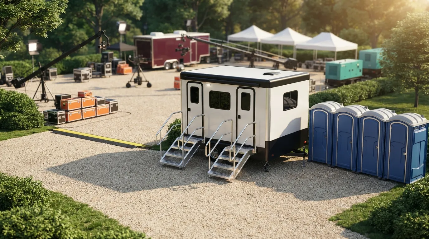 Row of portable toilets set out for an outdoor event