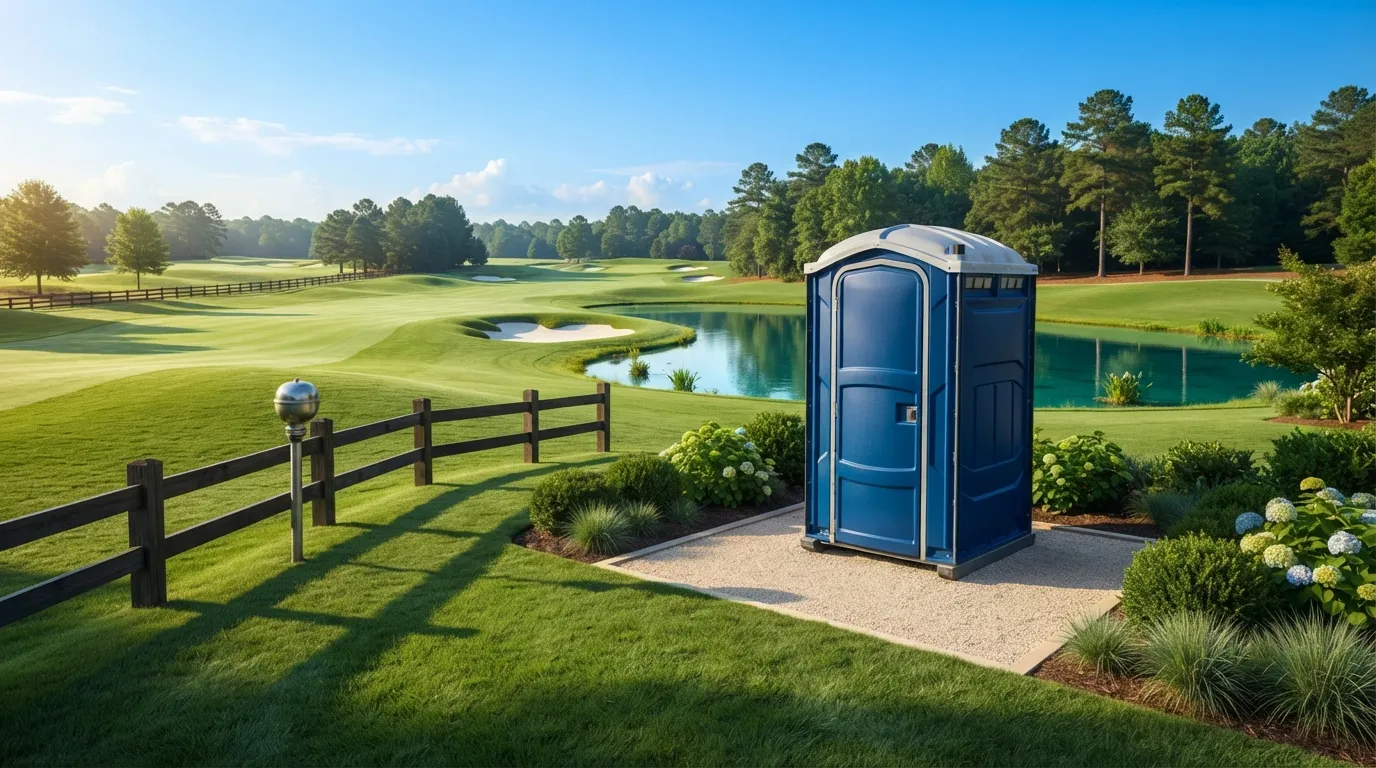 Row of portable toilets set out for an outdoor event