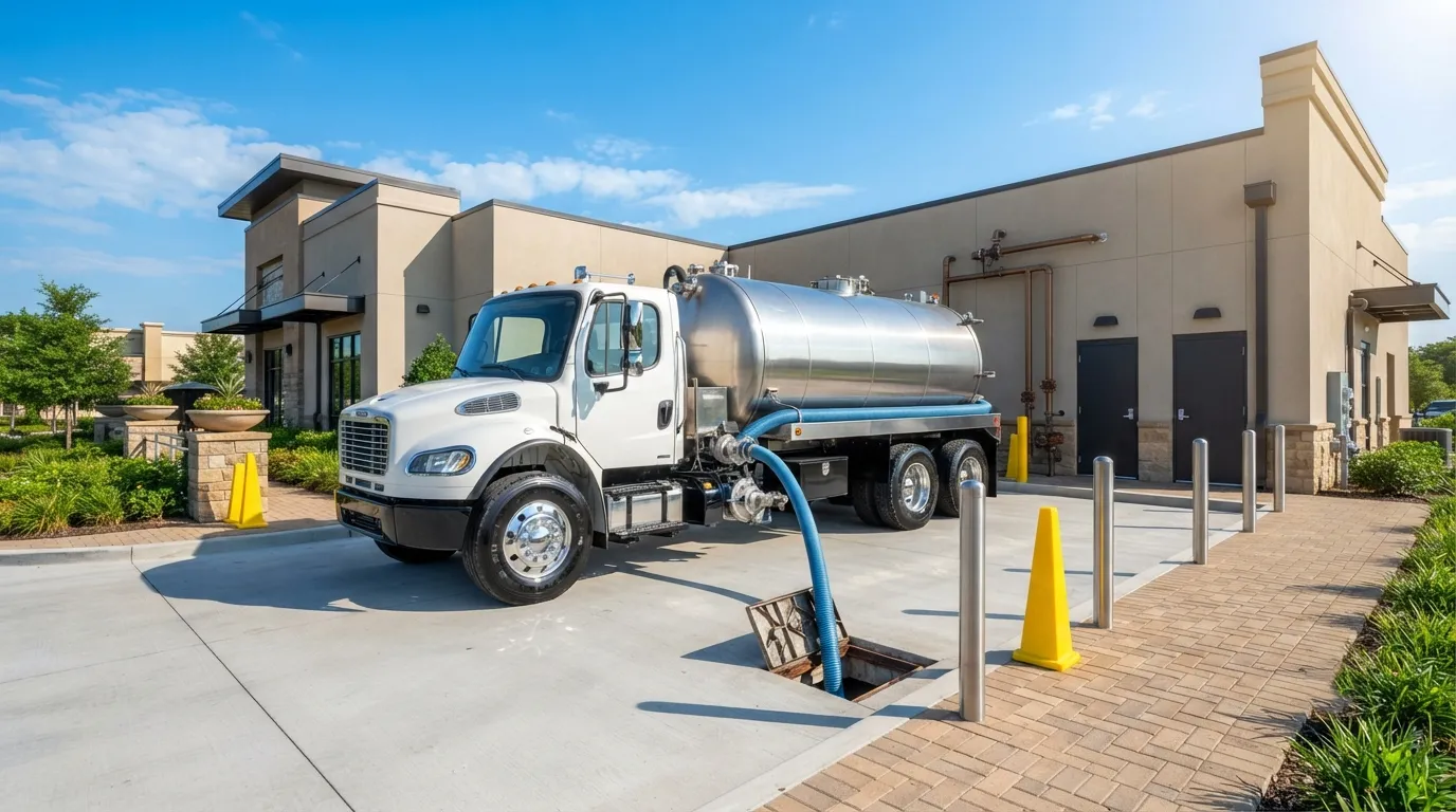 Vacuum tanker parked at a property with the hose run to a tank