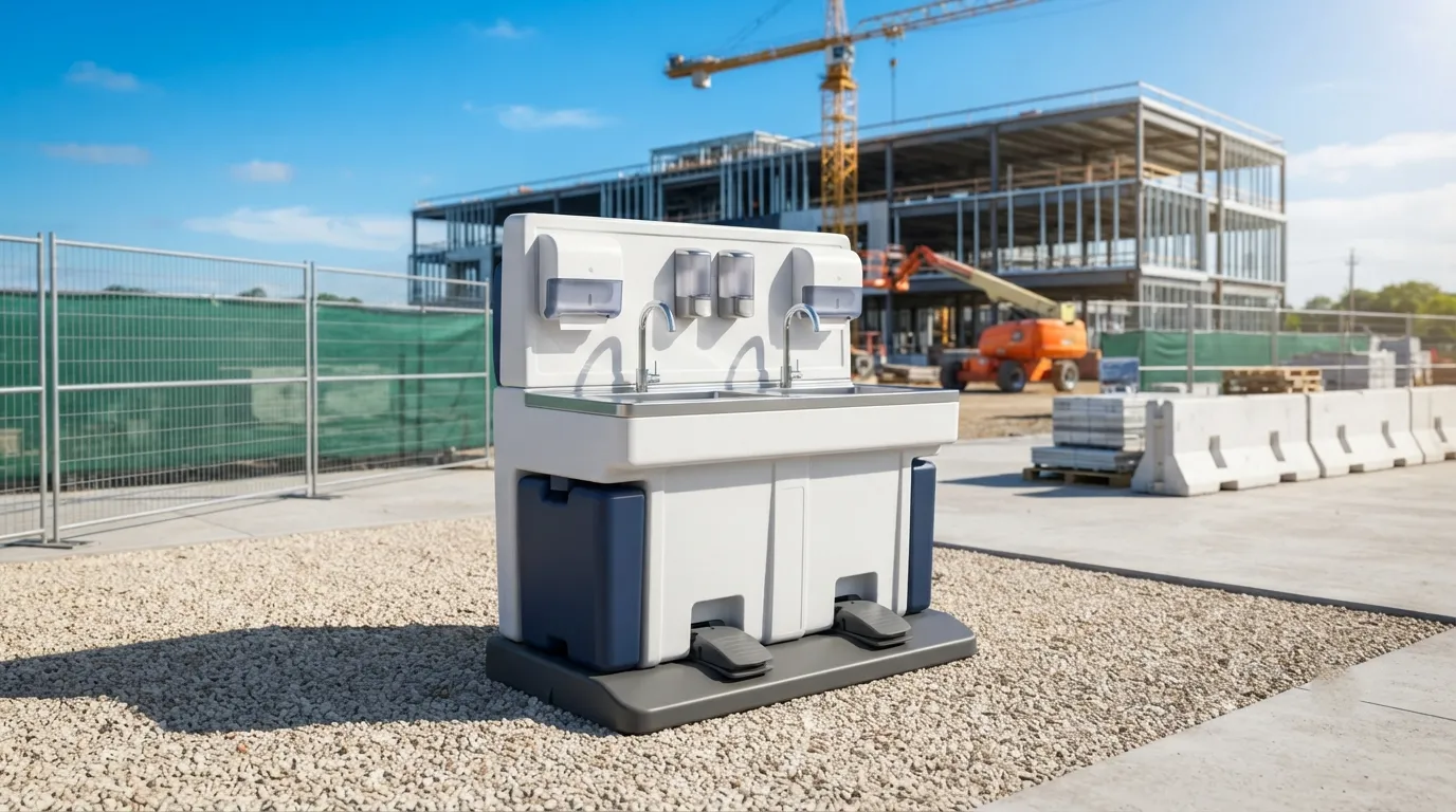 Two-bay portable handwashing station with foot pumps and soap