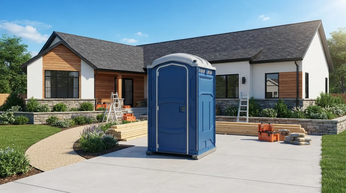 Portable toilet standing at a house renovation