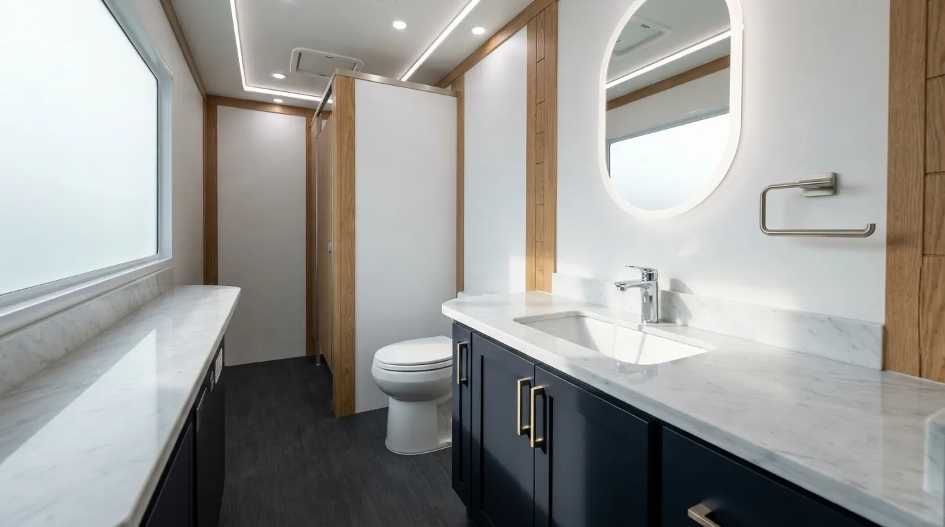 Towable restroom trailer levelled with its entry steps down