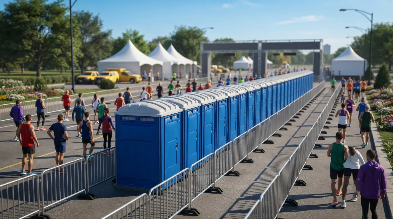 Row of portable toilets set out for an outdoor event