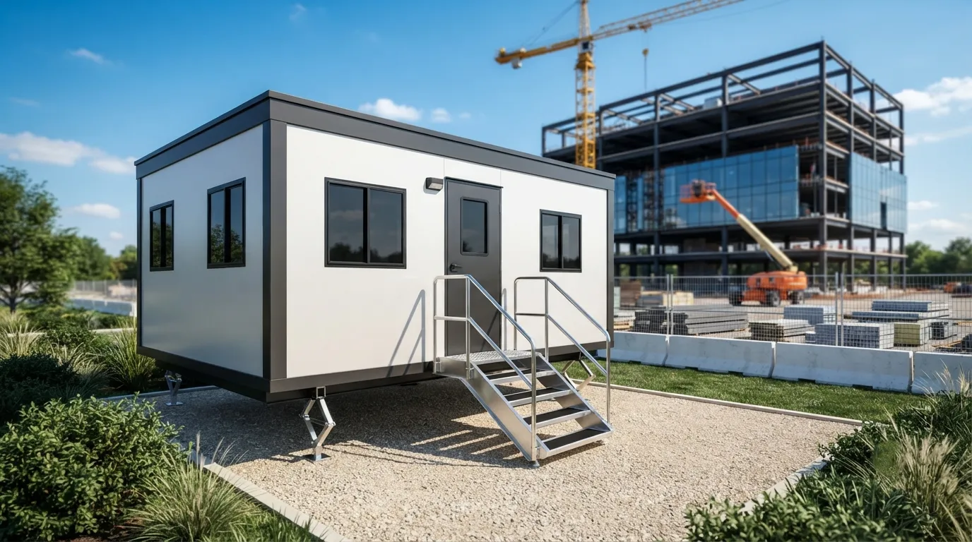 Steel site storage container with the doors closed and locked