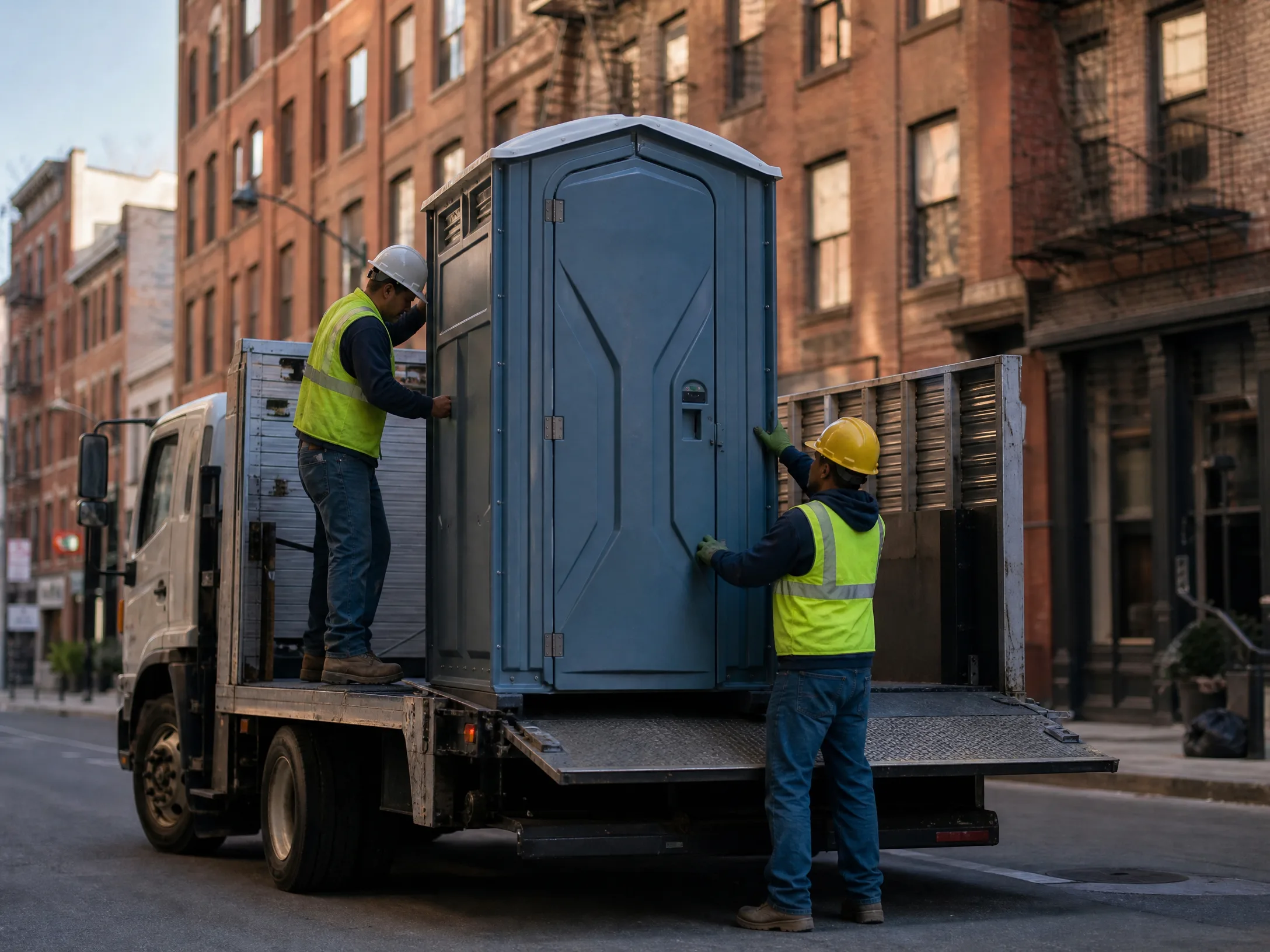 Crew loading a portable toilet onto the delivery truck