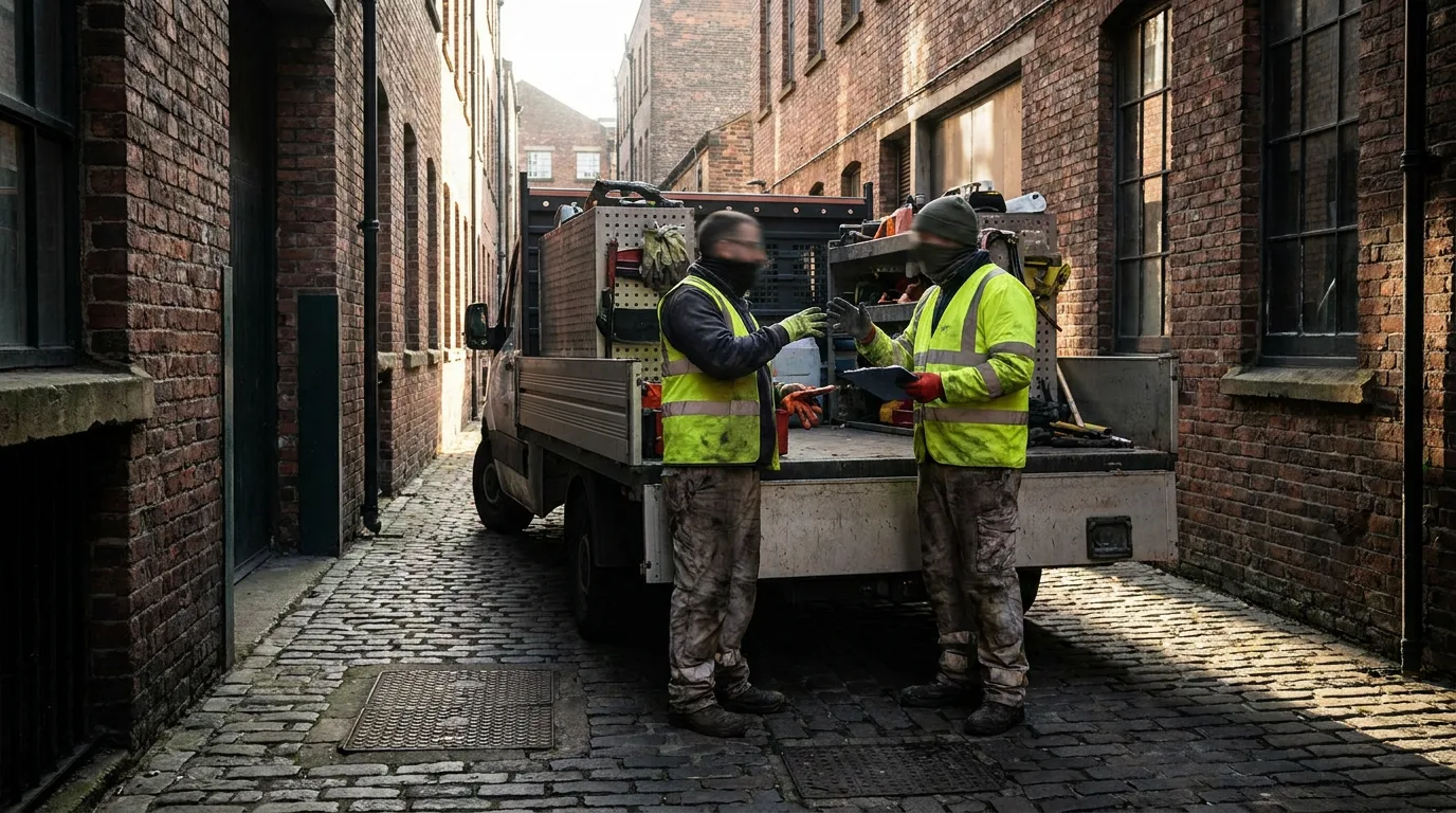 Two workers in high visibility vests beside a service truck