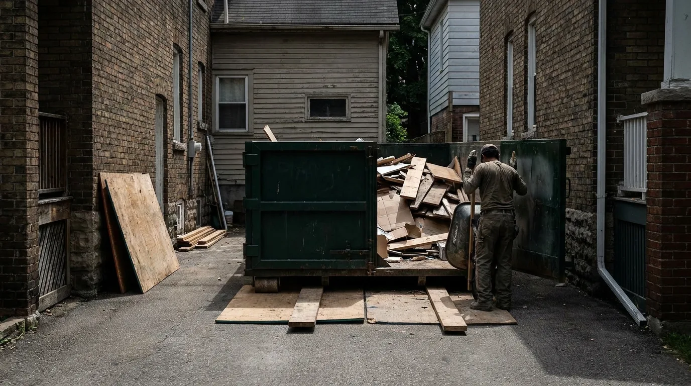 Roll-off dumpster set on boards across a residential driveway