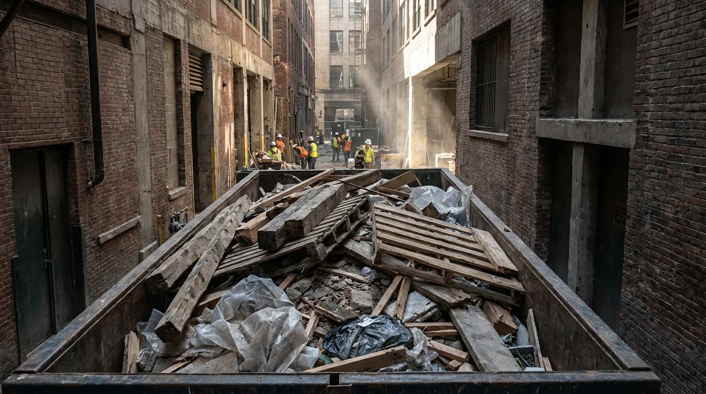 Roll-off dumpster on a construction site loaded with debris
