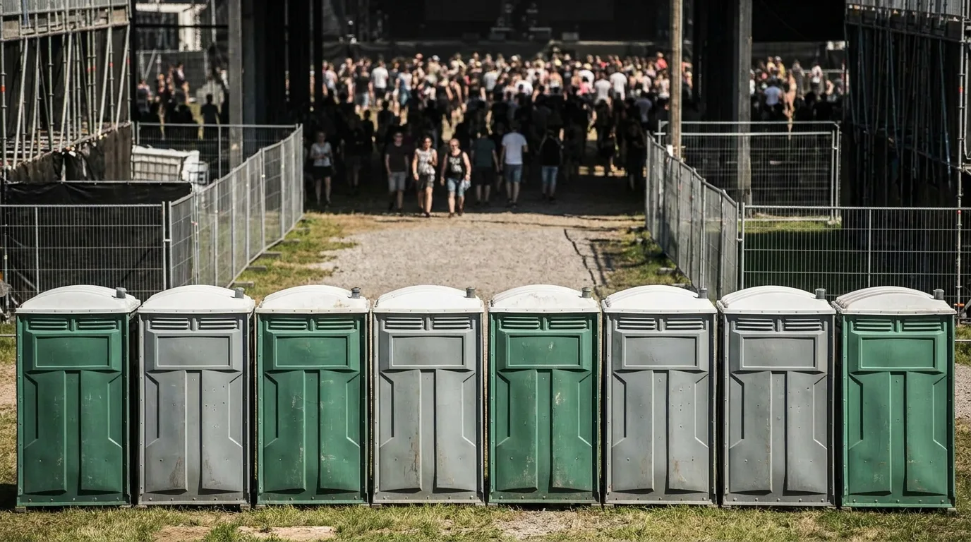 Row of portable toilets set out for an outdoor event
