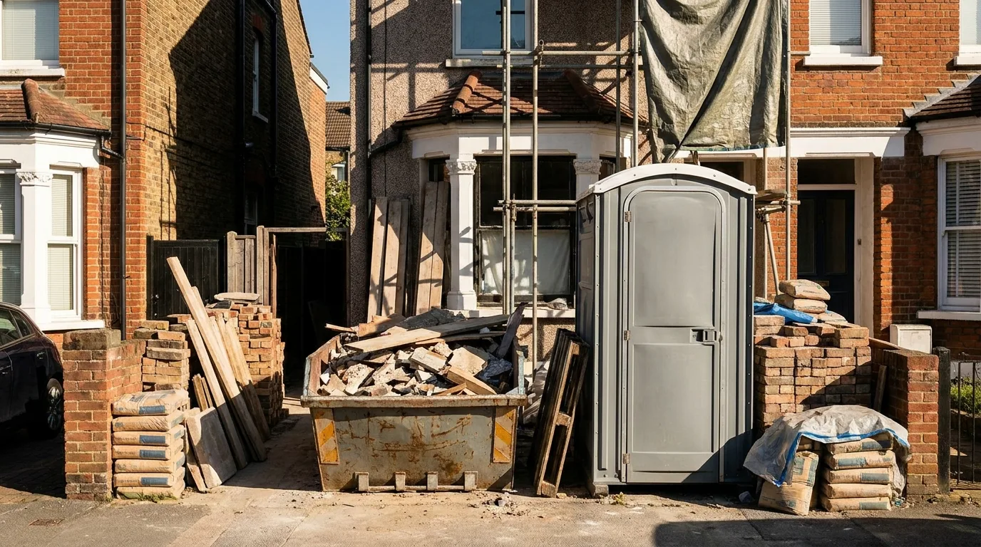Portable toilet standing at a house renovation
