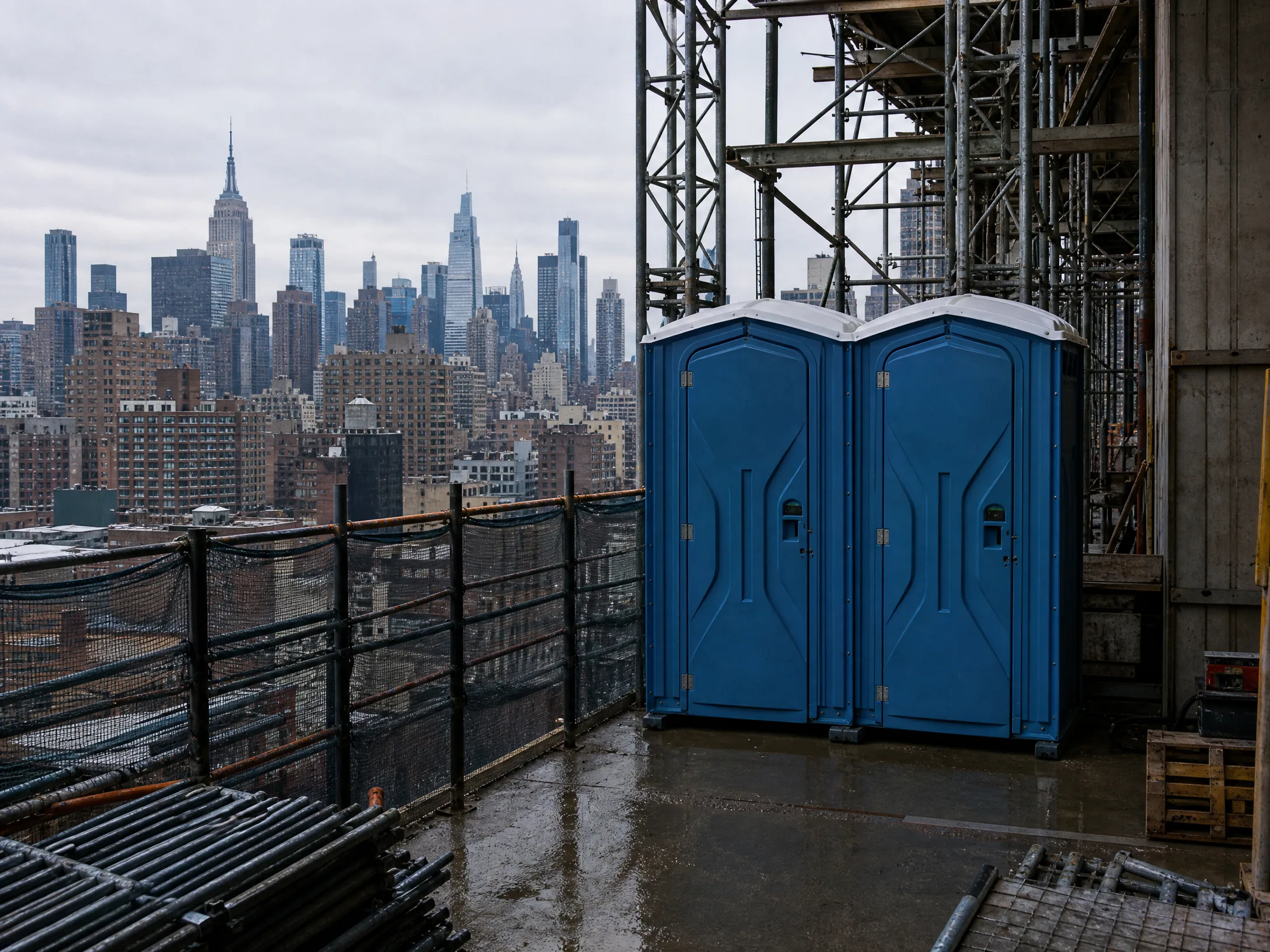 Portable toilets on a high-rise construction deck