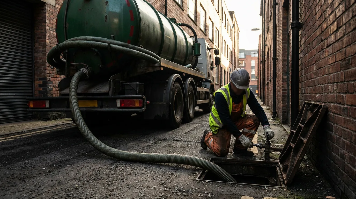 Vacuum tanker parked at a property with the hose run to a tank