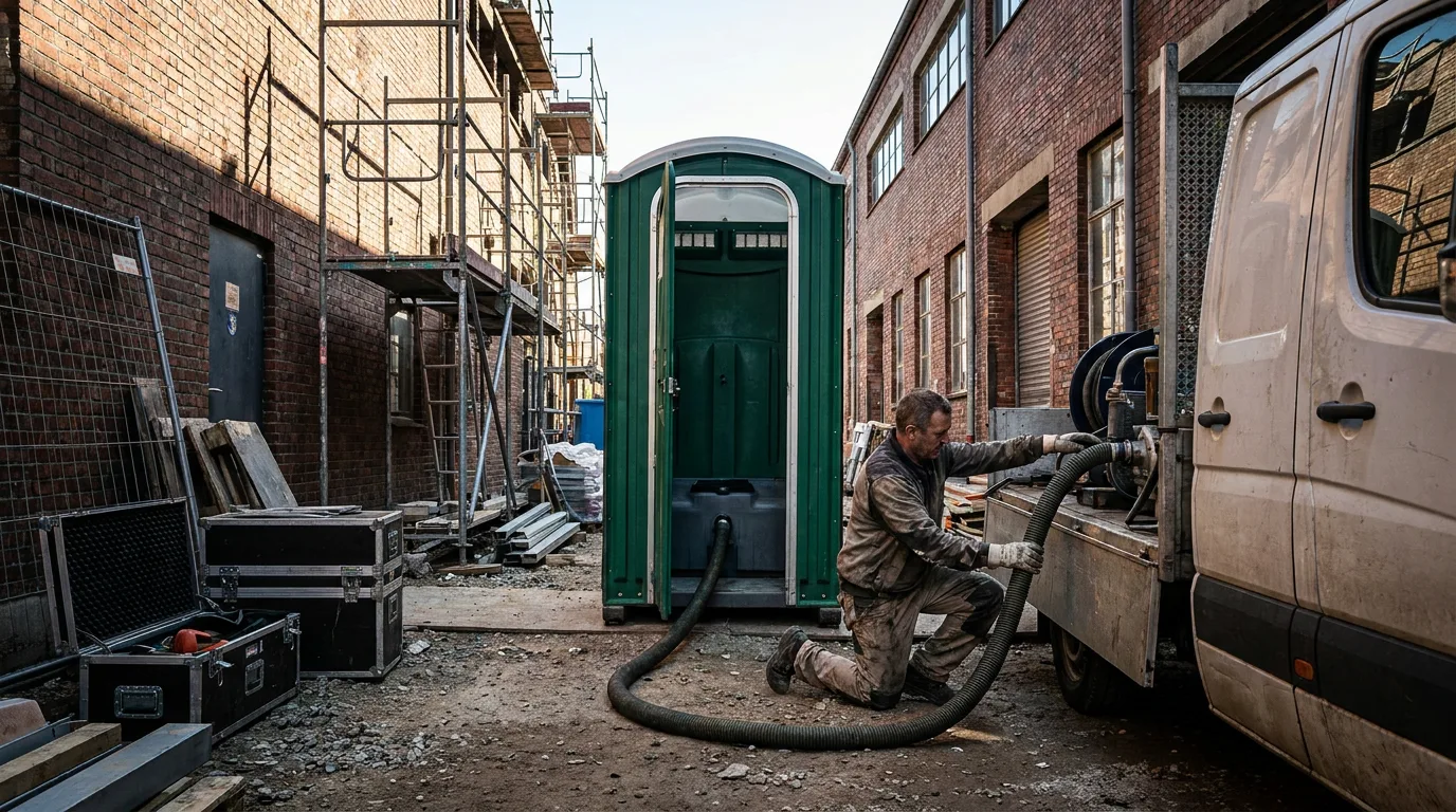 Technician running a vacuum hose from a service truck to a unit