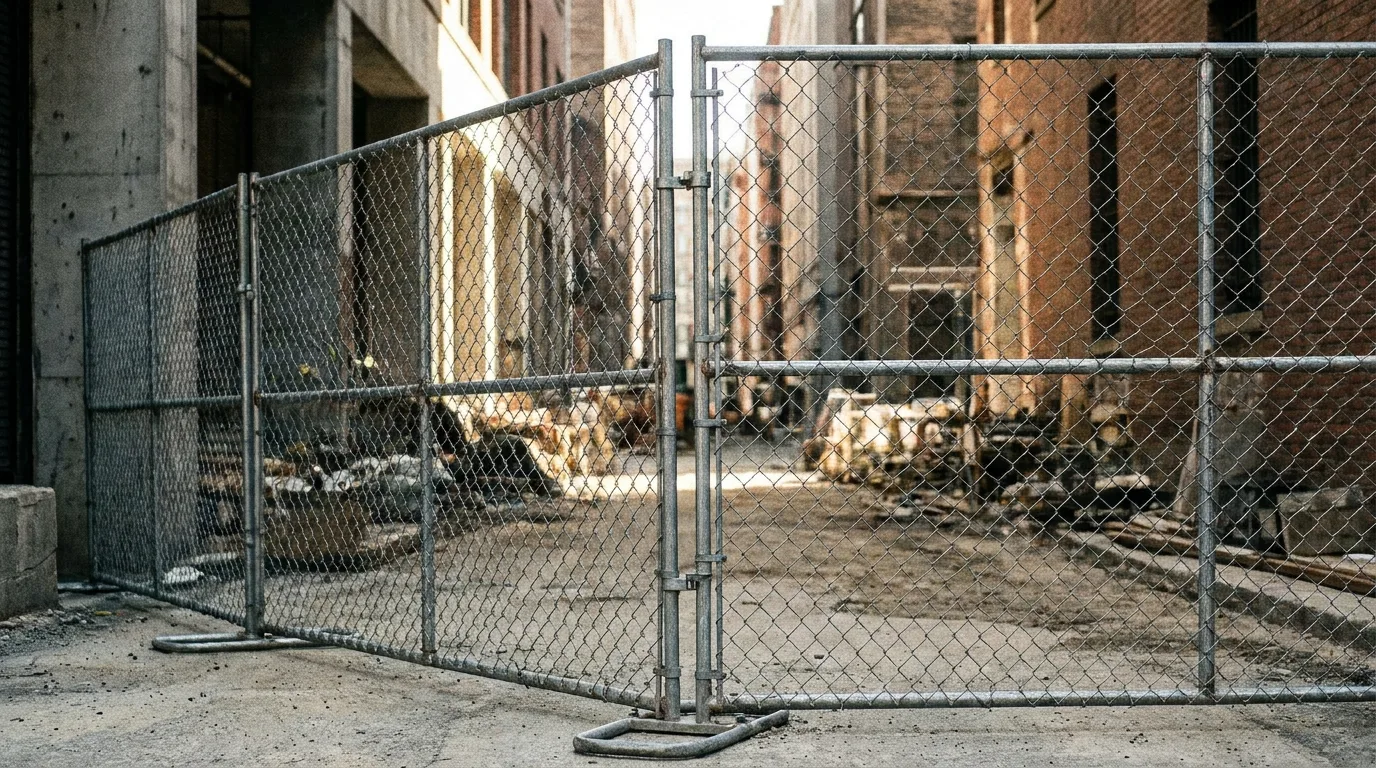 Temporary chain link fence panels closing off a work area