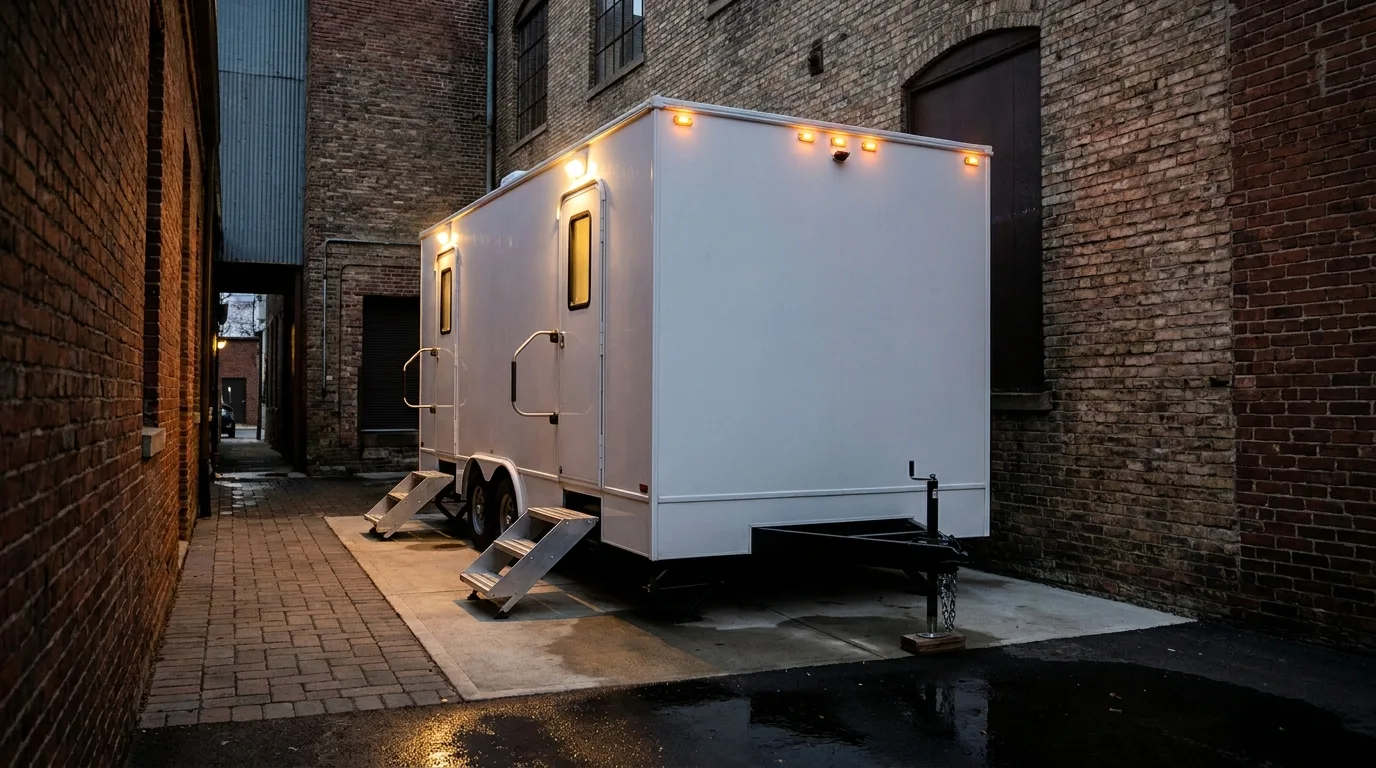 Towable restroom trailer levelled with its entry steps down