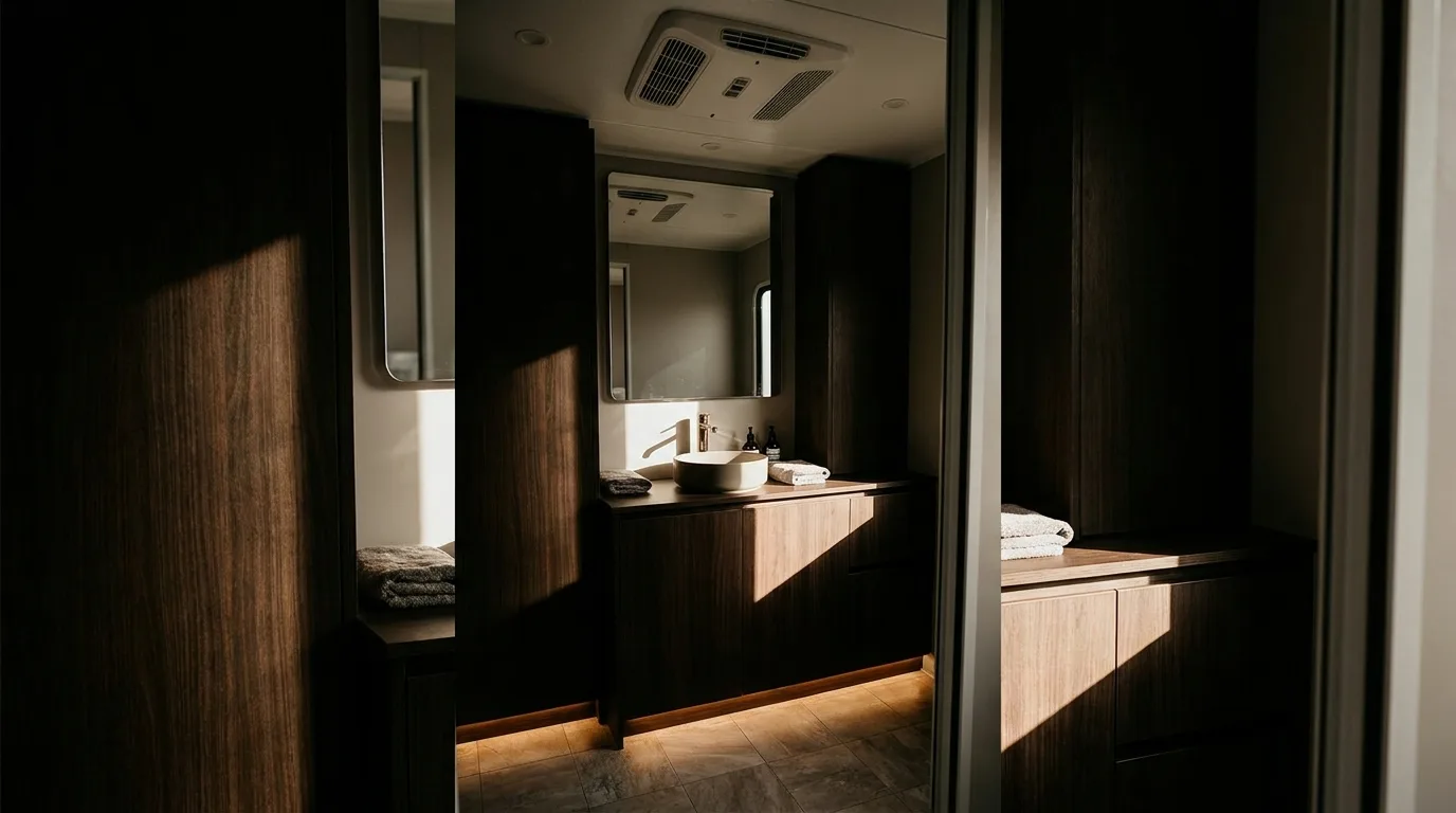 Restroom trailer interior with a vanity, mirror and running water
