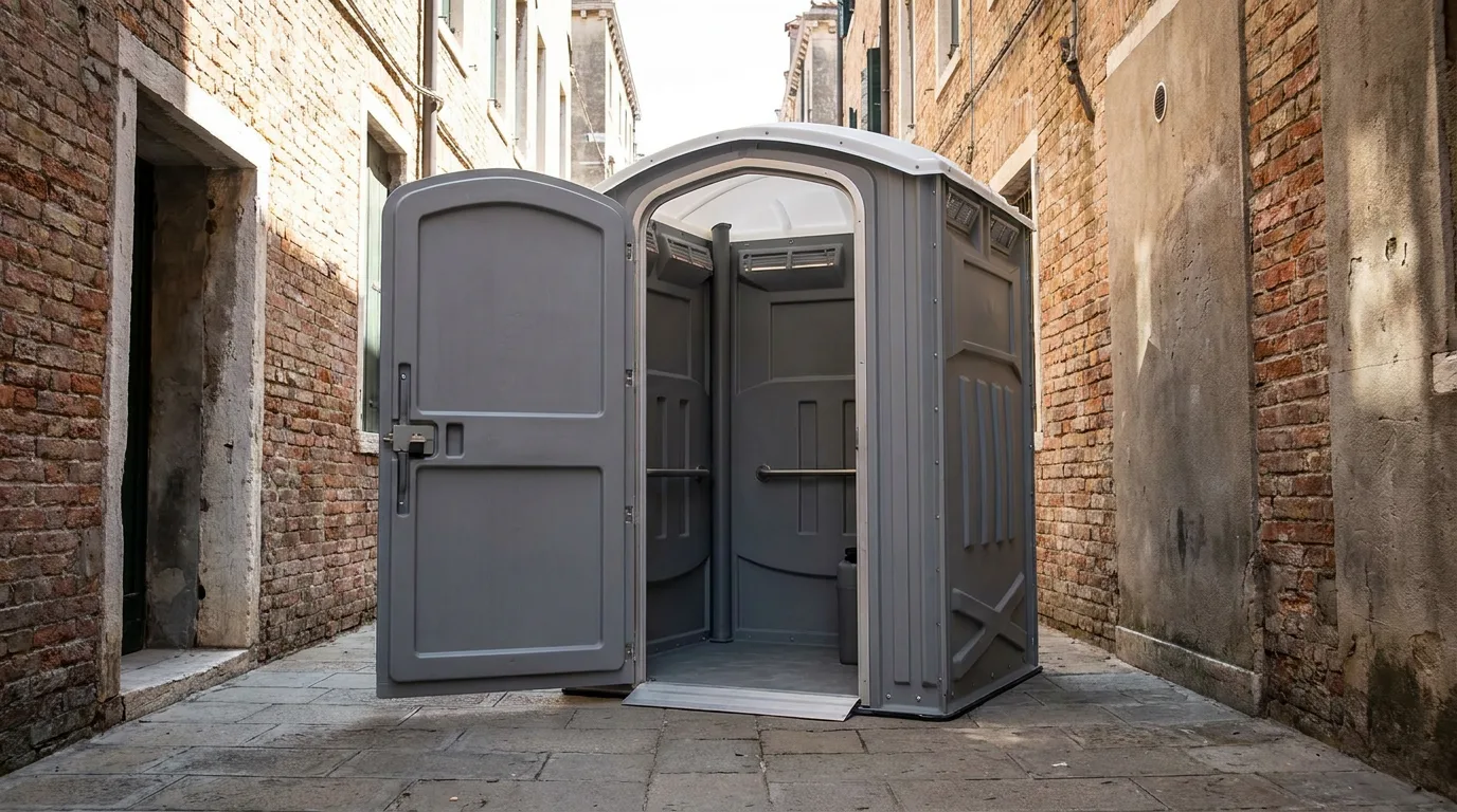 ADA accessible portable toilet with a wide door and flat threshold