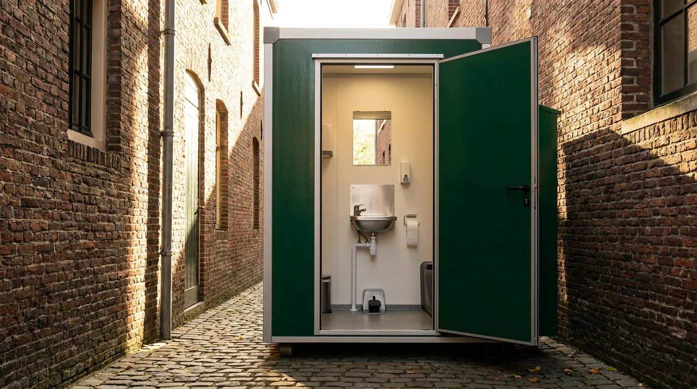 Deluxe flushing portable toilet with the door open showing the sink