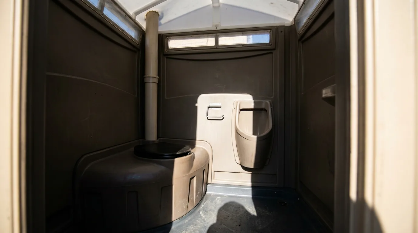 Inside a portable toilet: moulded seat, urinal and vent stack