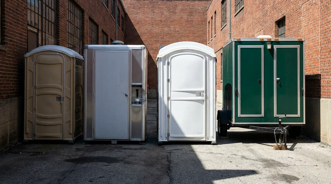 Four restroom types side by side: standard, deluxe flushing, ADA and a towable trailer