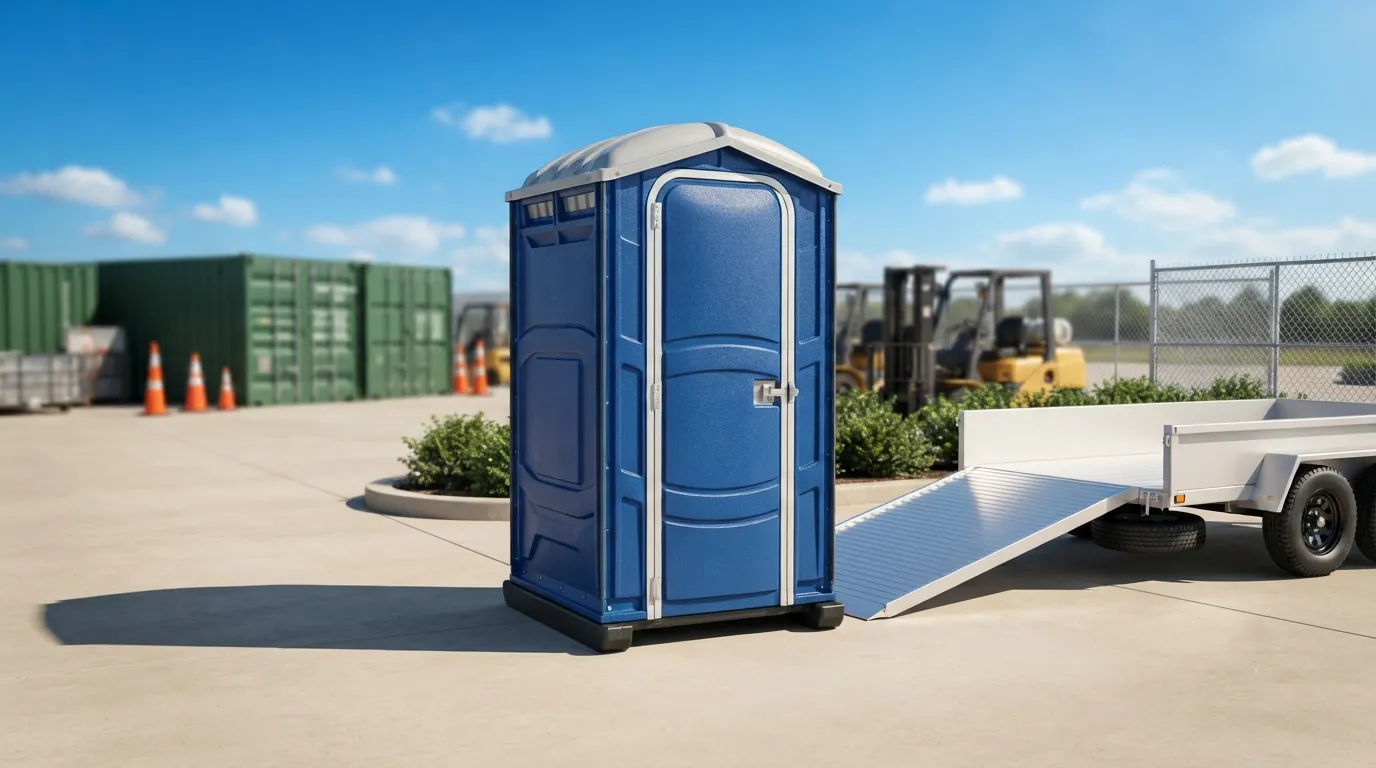 Standard portable toilet unit with the door closed