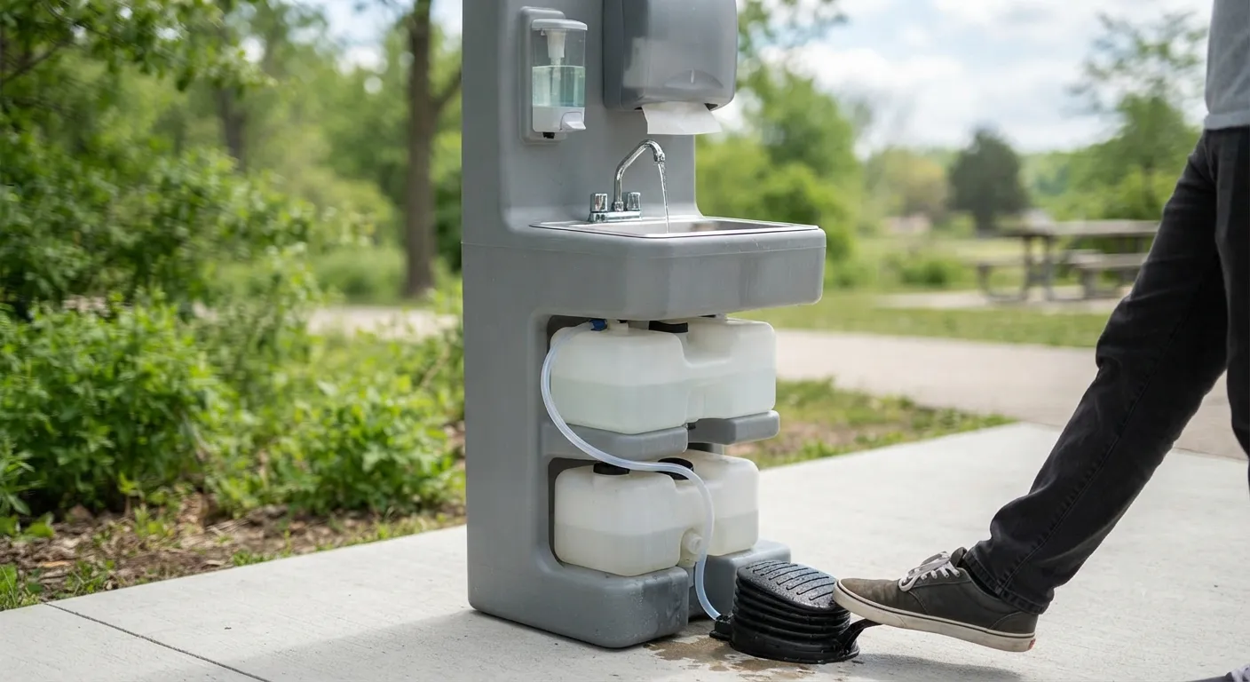 Two-bay portable handwashing station with foot pumps and soap