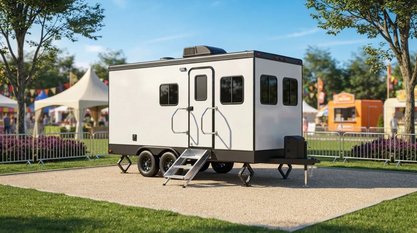 Towable restroom trailer levelled with its entry steps down