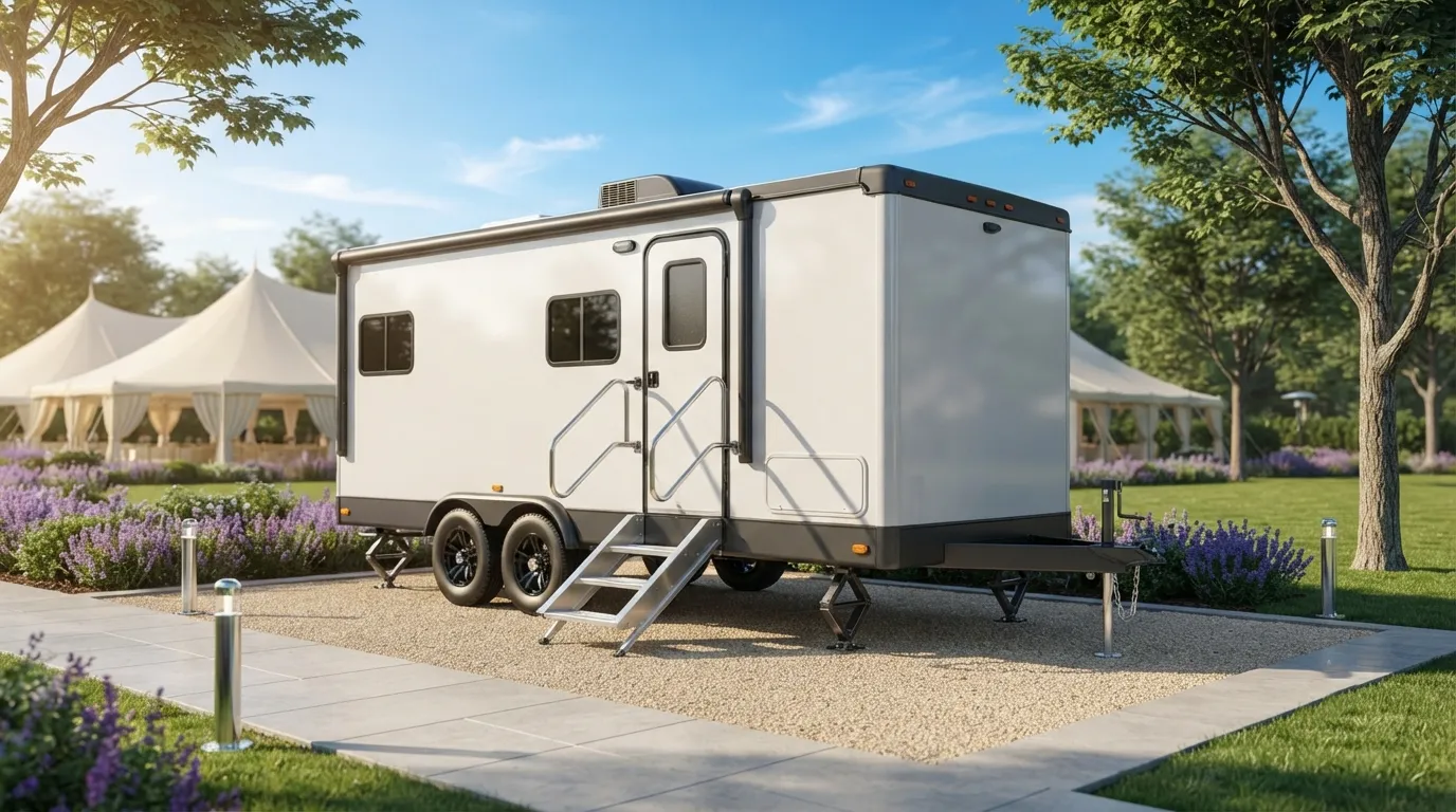 Towable restroom trailer levelled with its entry steps down