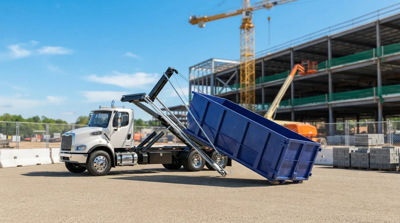 Roll-off dumpster on a construction site loaded with debris