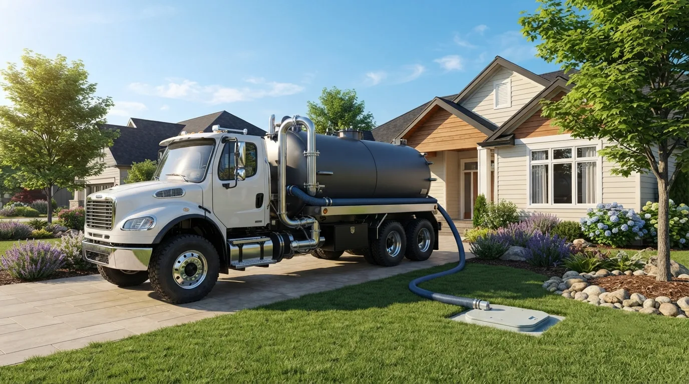 Vacuum tanker parked at a property with the hose run to a tank