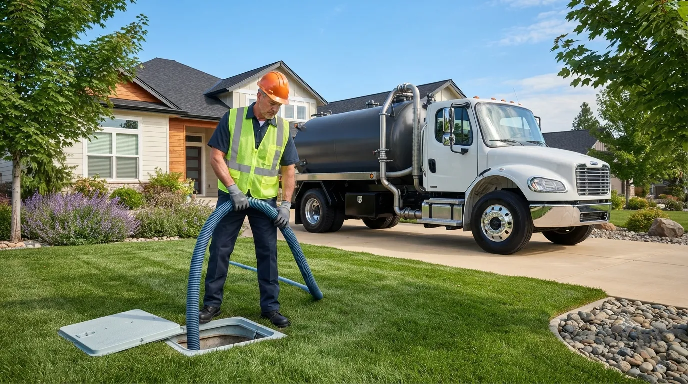 Vacuum tanker parked at a property with the hose run to a tank